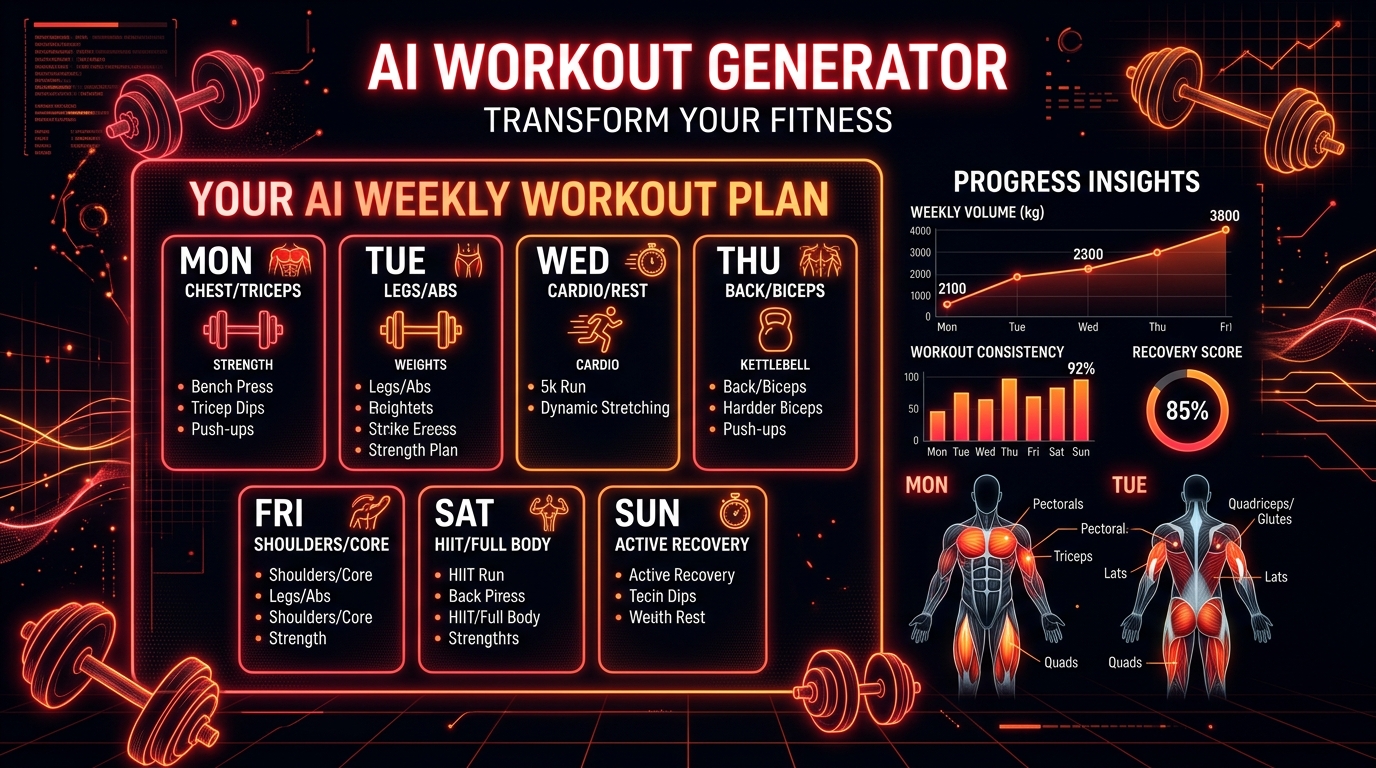 AI Workout Generator — creates personalised exercise programmes with progressive overload for any goal and equipment