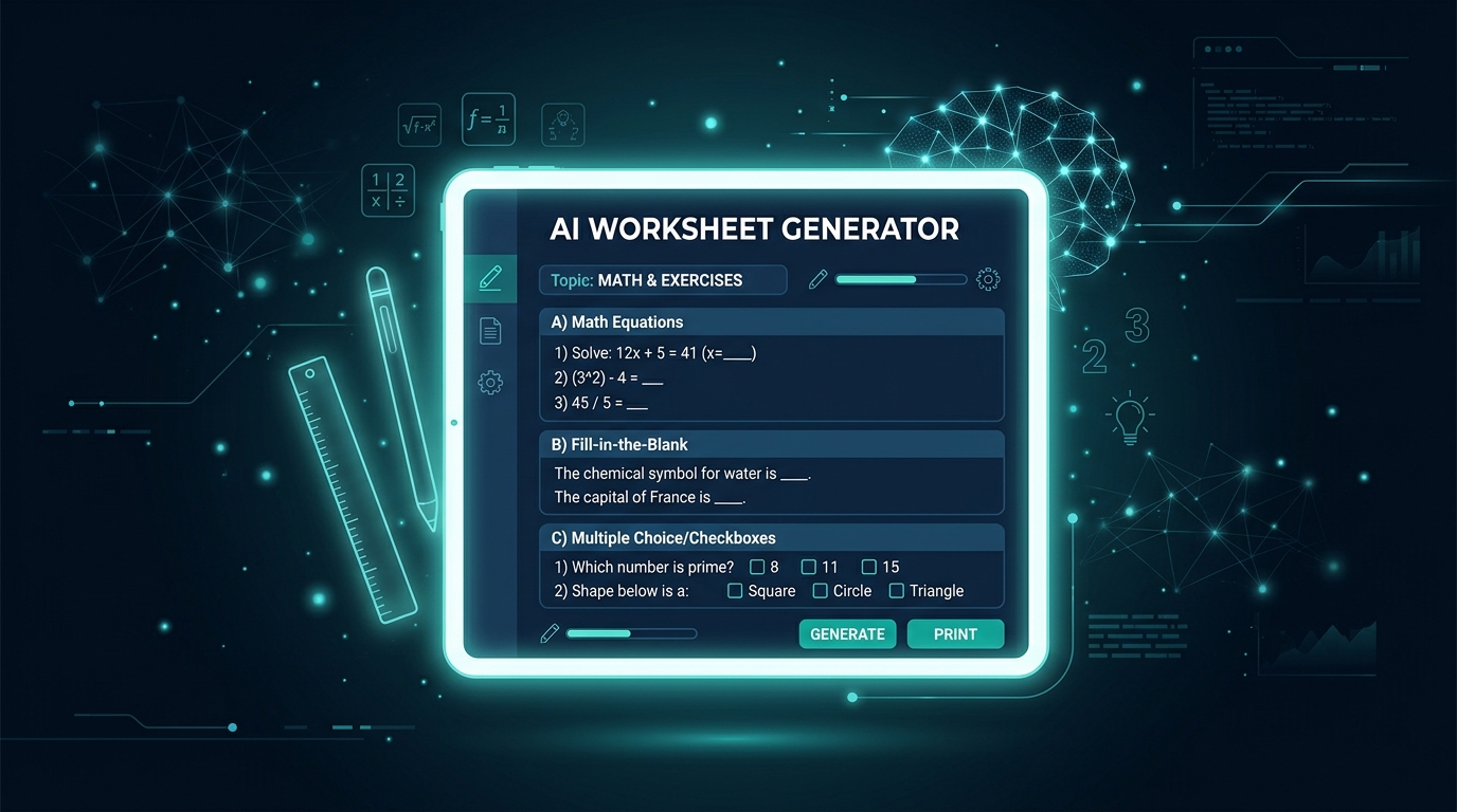 AI Worksheet Generator — creates printable educational worksheets with exercises and answer keys for teachers and tutors